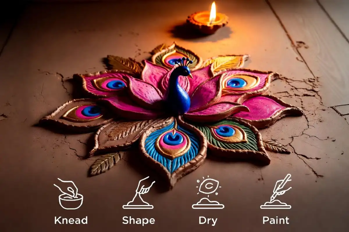 3D rangoli using clay with raised lotus and peacock design, showing the four-step process