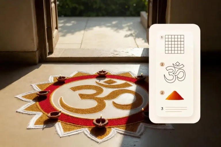 Om symbol rangoli design in red and gold powder at a home entrance with step-by-step infographic