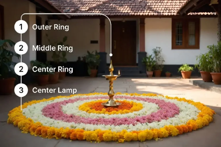 Onam rangoli designs shown as a finished flower pookalam with a step by step overlay