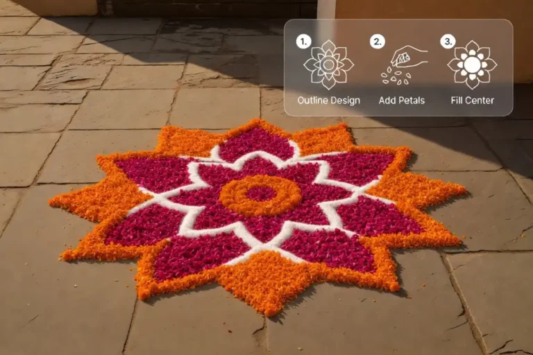 Floral rangoli for beginners showing a finished marigold and rose petal design with simple numbered steps