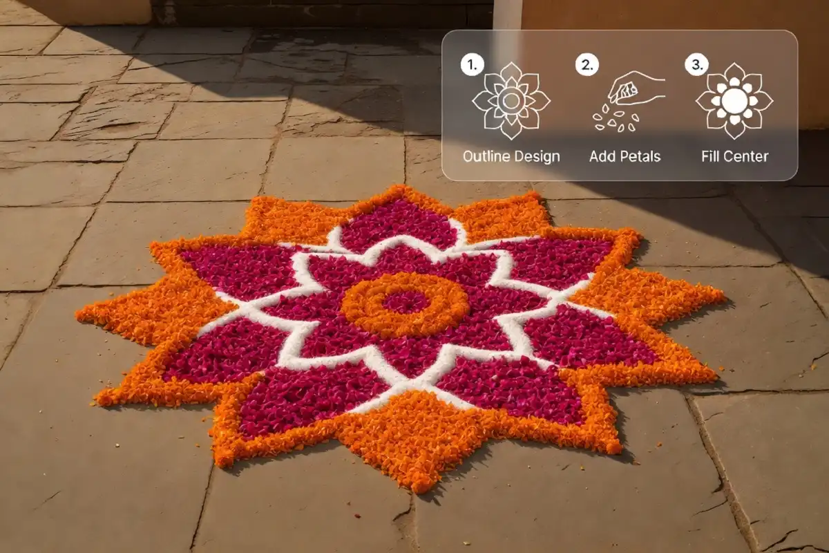 Floral rangoli for beginners showing a finished marigold and rose petal design with simple numbered steps
