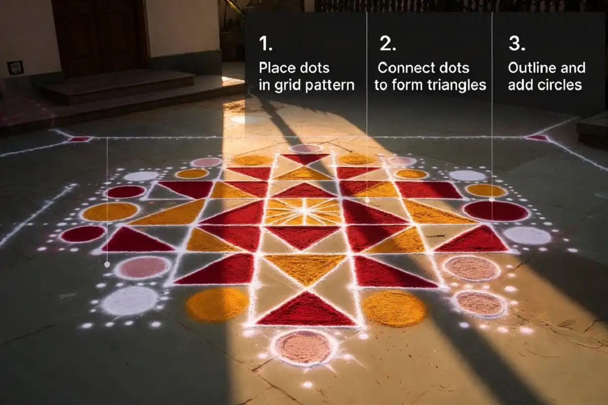 Finished rangoli design combining triangles and circles