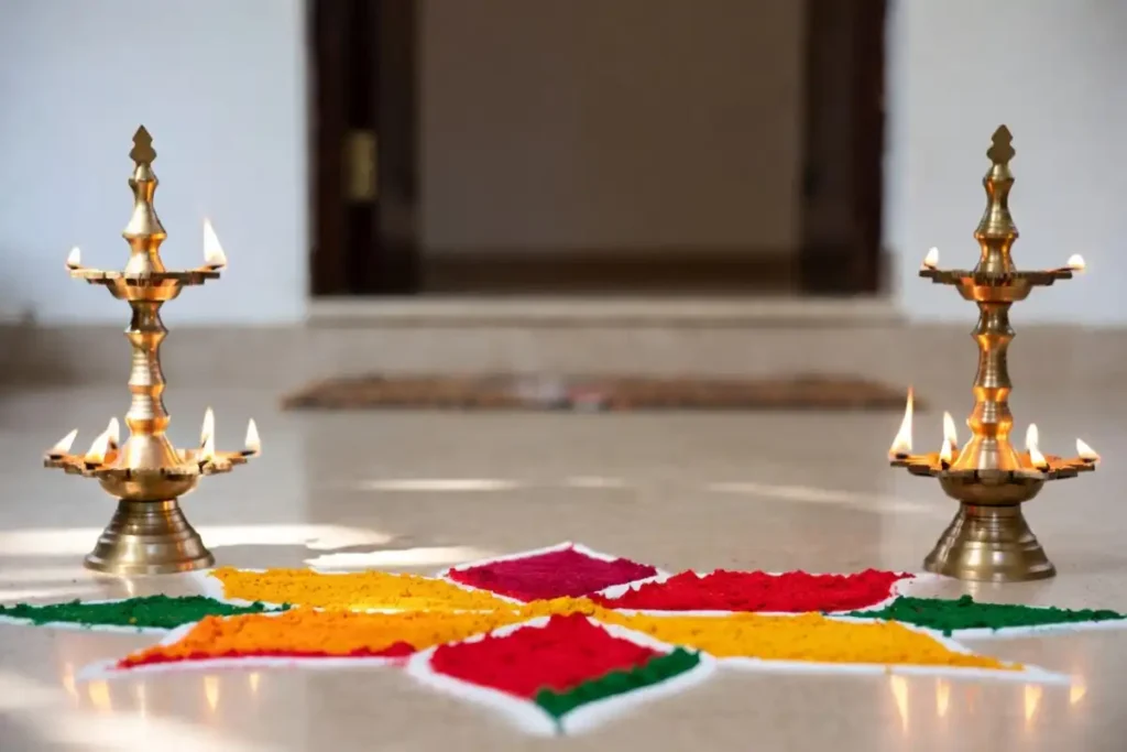 Completed festival rangoli for beginners design at a home entrance