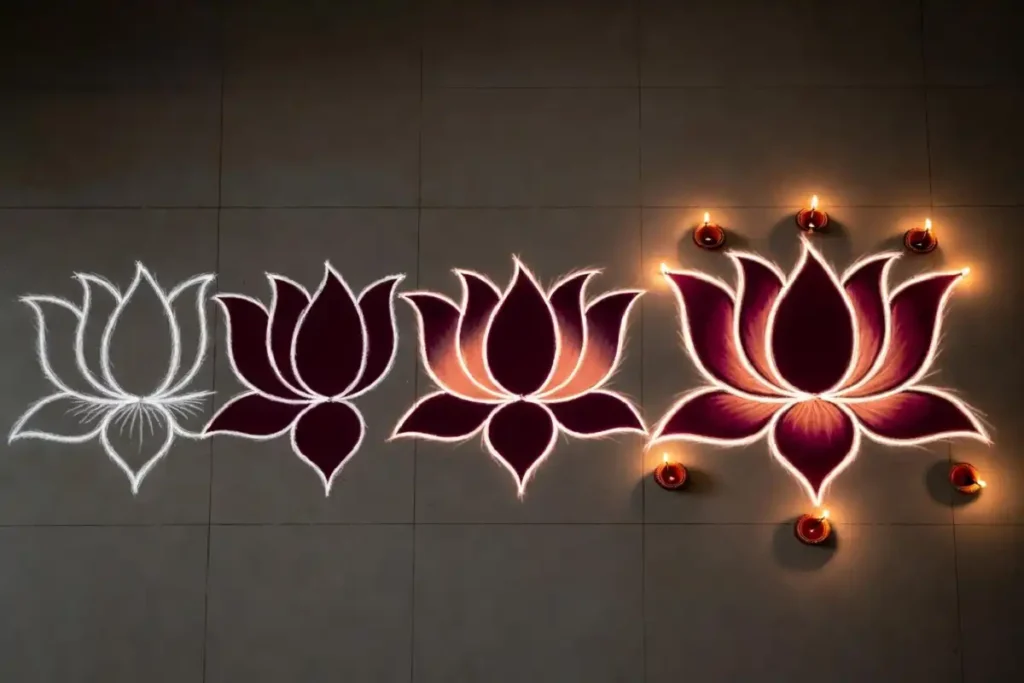 Step by step 3D rangoli for Diwali tutorial showing outline, dark base, gradient, white highlights, and diya placement
