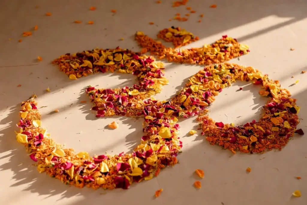 Floral Om symbol rangoli design using marigold and rose petals