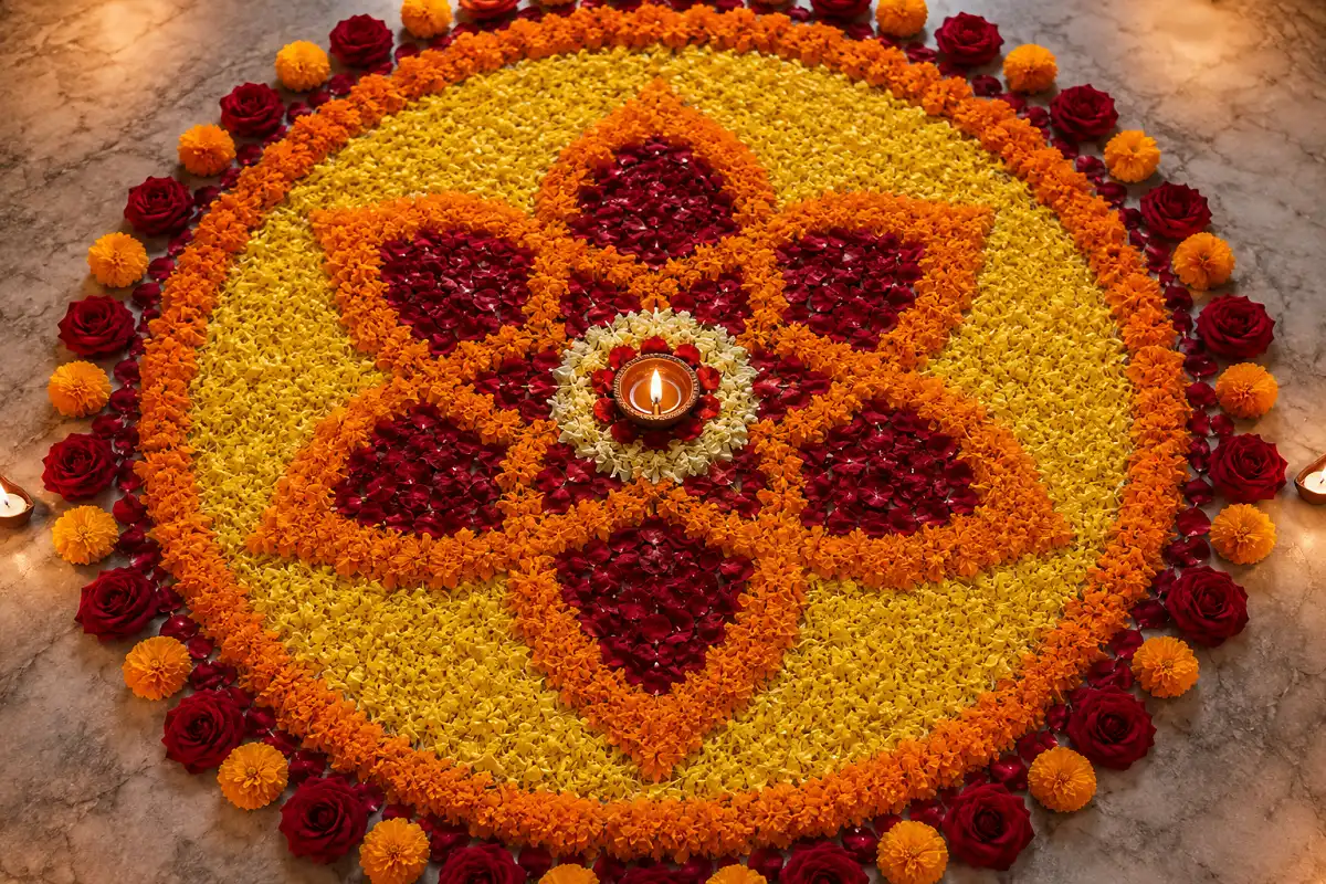 Flower based Navratri rangoli ideas using marigold and rose petals