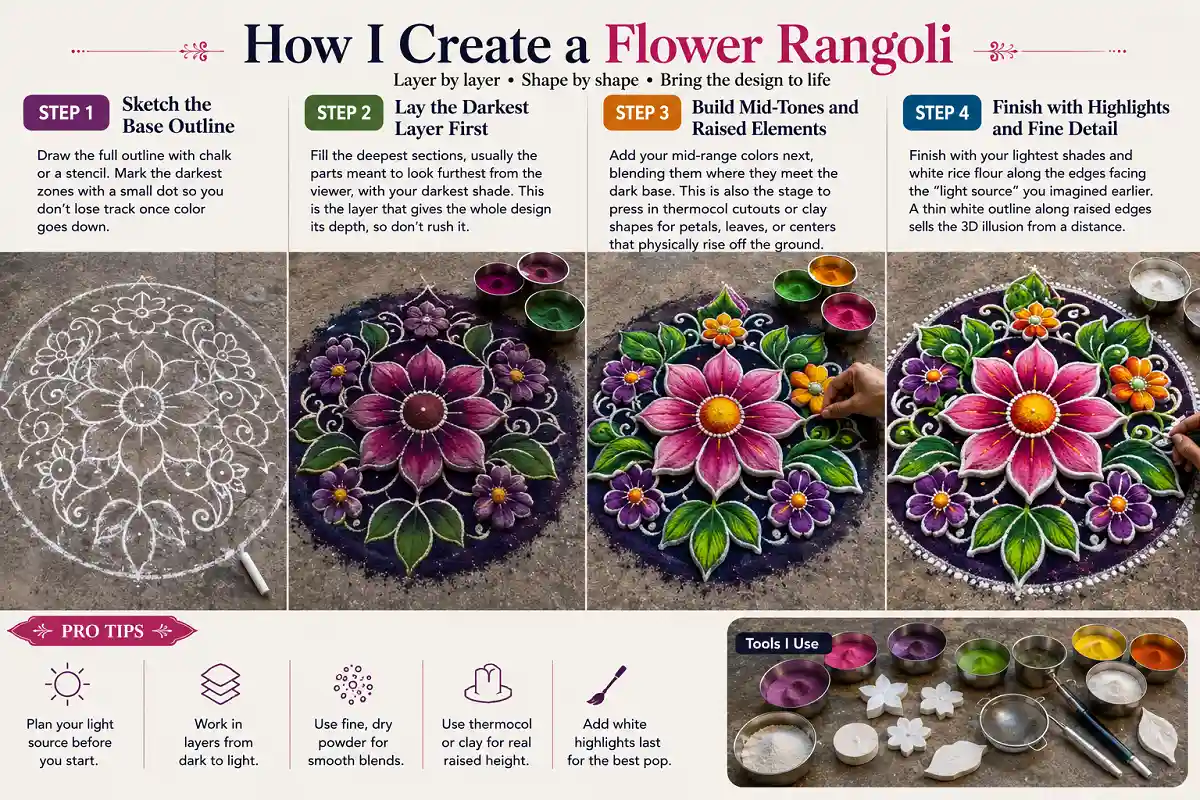 Step-by-step flower rangoli design with colorful petals, leaves, and decorative details