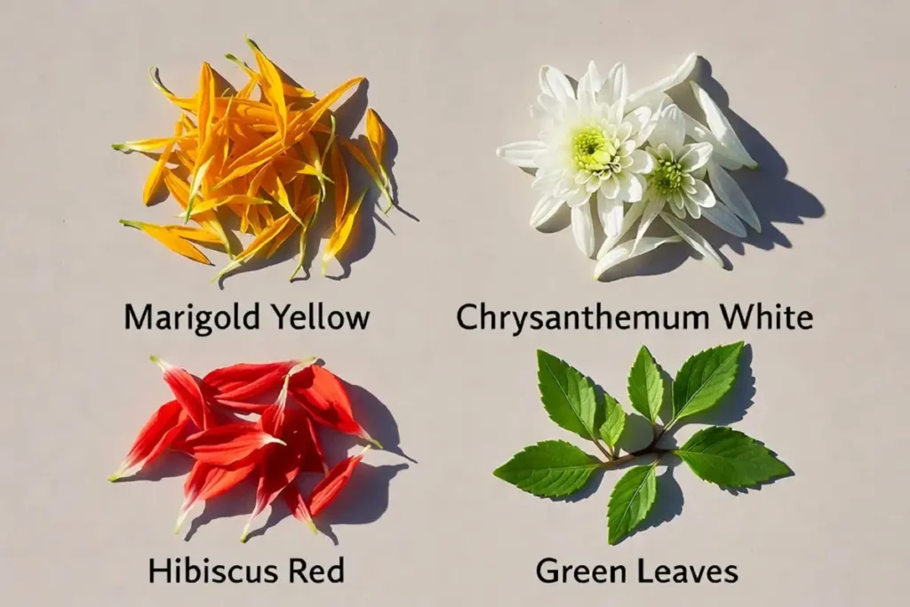 Color combinations used in Onam rangoli designs shown as a flower palette