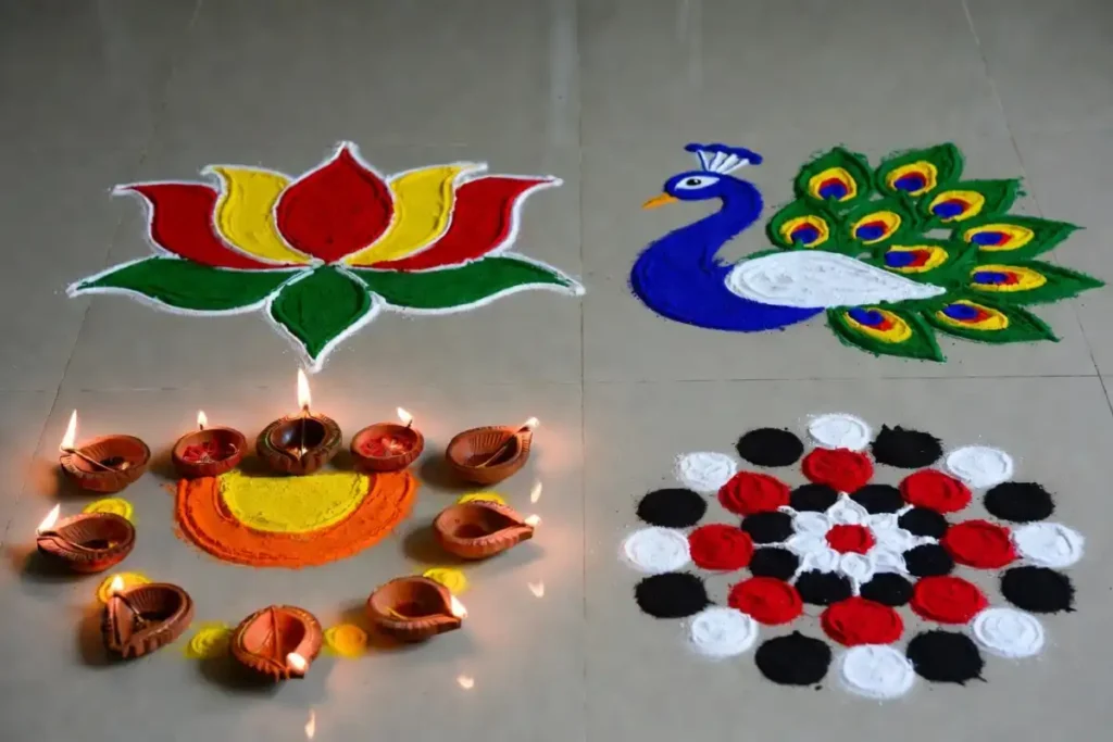 Traditional rangoli designs for festivals including lotus, peacock, diya, and geometric patterns