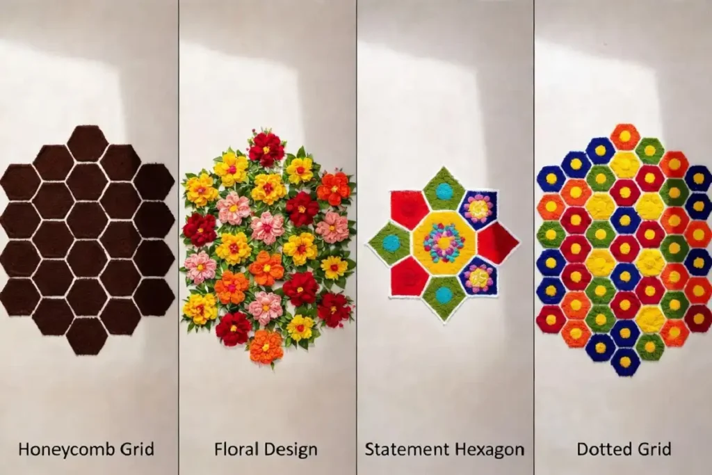 Comparison of four hexagon rangoli patterns including honeycomb, floral, statement, and dotted styles