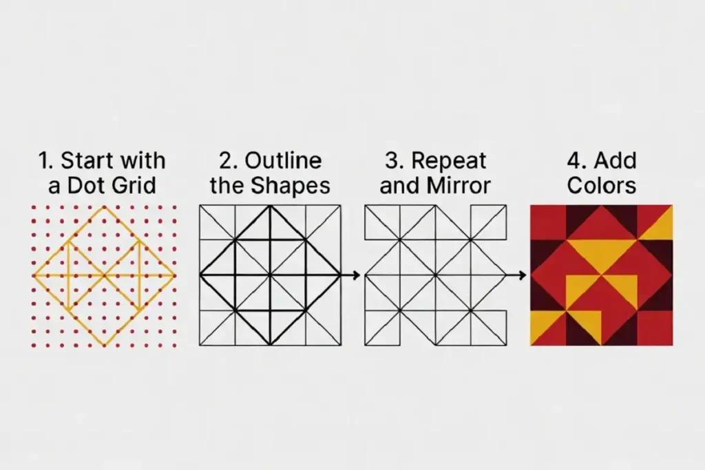 Four stages showing how to draw a geometric rangoli design pattern
