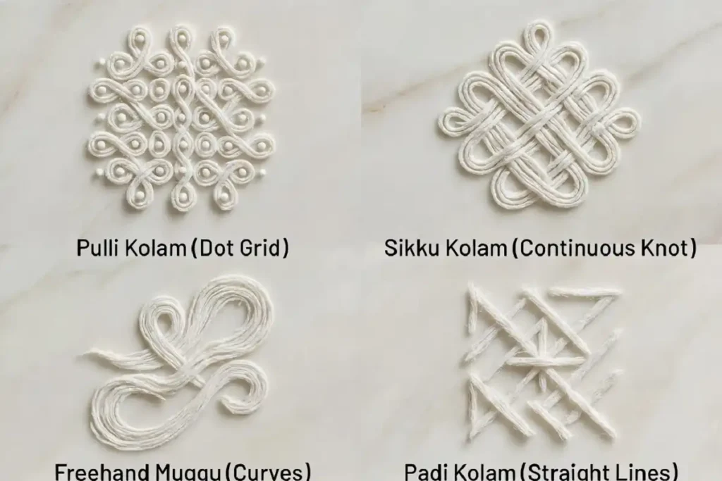 Four styles of traditional rangoli with rice flour: pulli, sikku, muggu, and padi kolam
