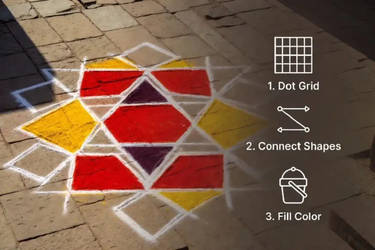 Geometric rangoli designs shown step by step with a hexagon and square pattern in red and yellow powder