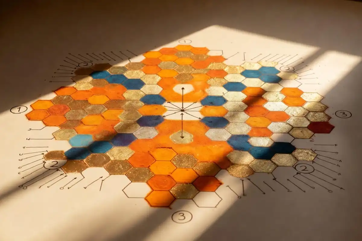 Labeled infographic showing how hexagon rangoli patterns are built from a center dot into a honeycomb grid
