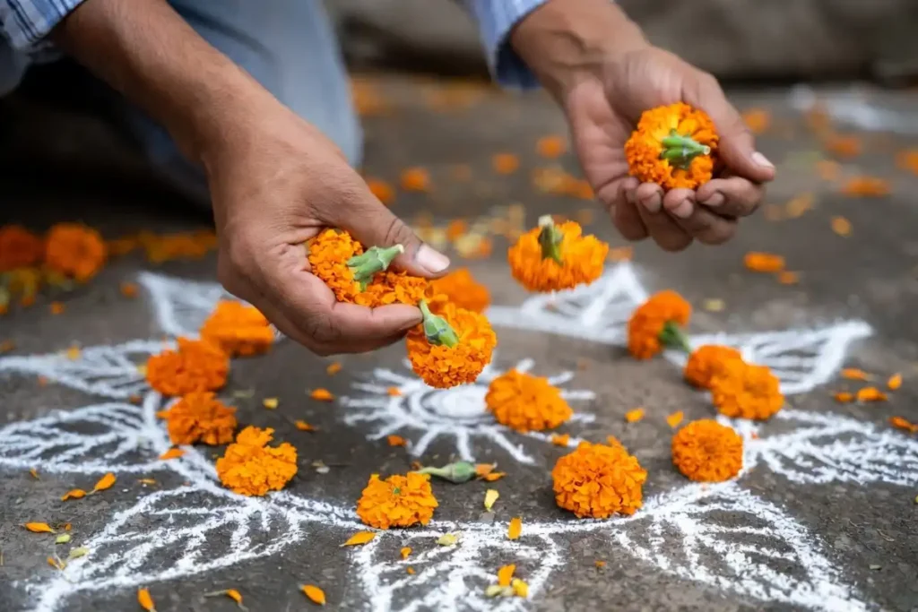 Step in floral rangoli for beginners showing marigold placed at the center of the design