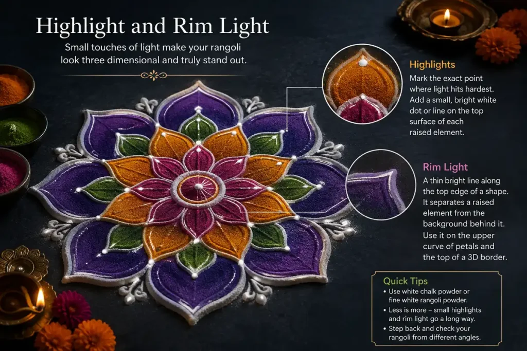 Highlight and rim light rangoli technique