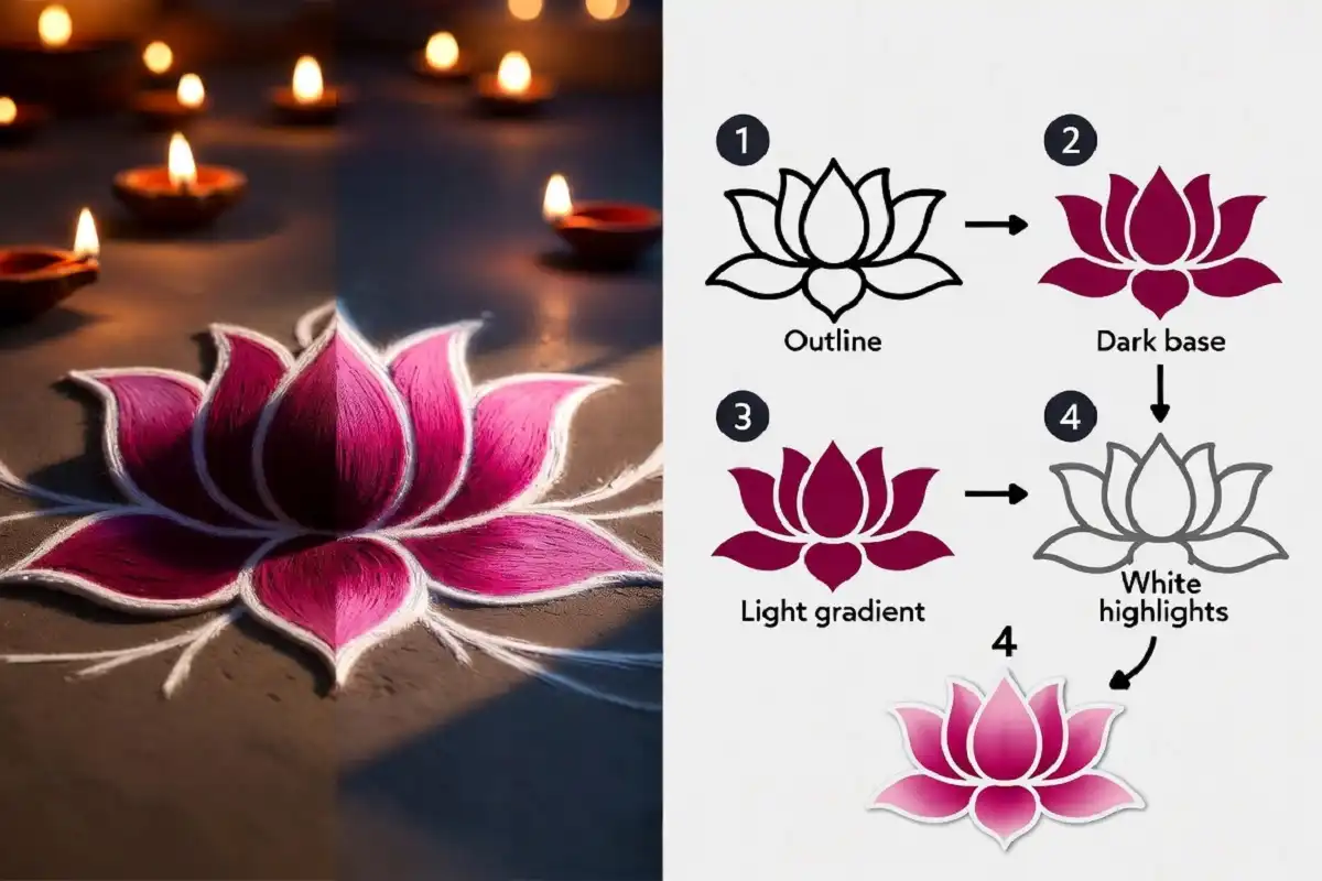 3D rangoli for Diwali made with shaded lotus petals beside an infographic showing the four step shading method