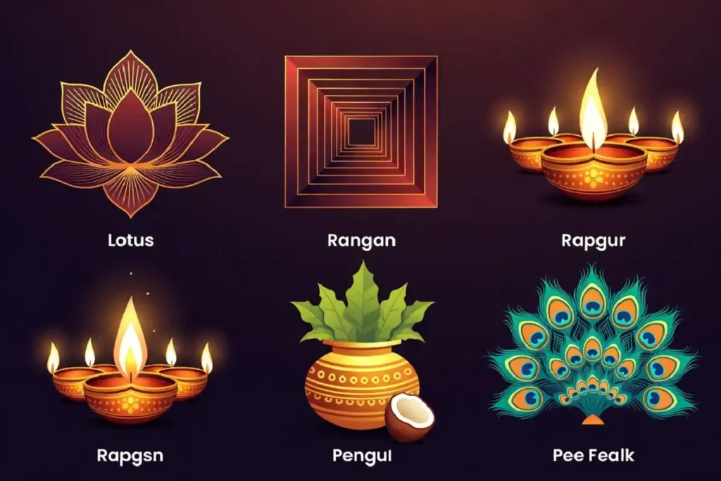 Infographic showing five 3D rangoli for Diwali design ideas including lotus, spiral, diya cluster, kalash, and peacock