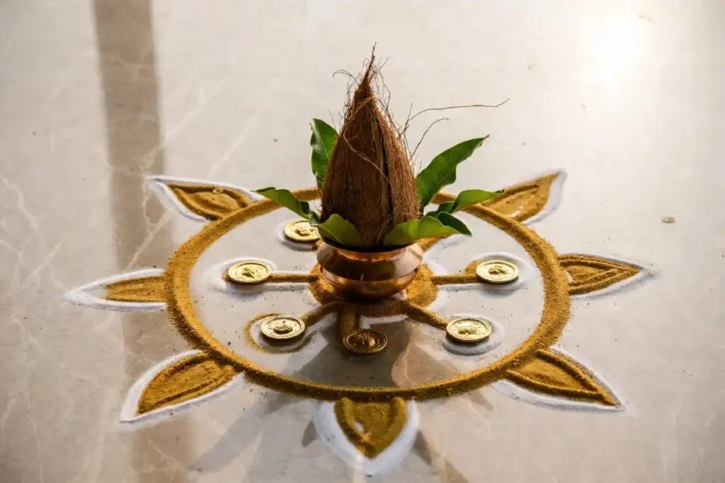 Kalash and coin Dhanteras rangoli design symbolizing wealth