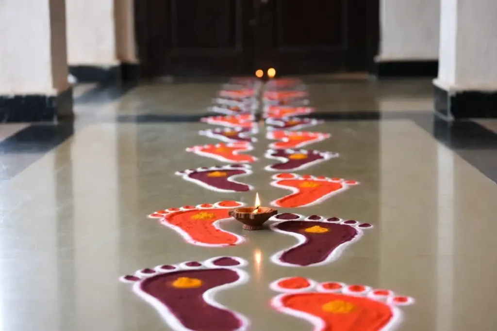 Lakshmi Charan footprint rangoli design used for Dhanteras rangoli designs at a home entrance