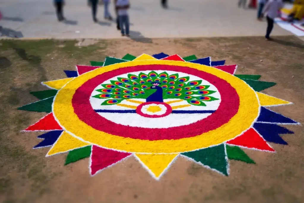 Advanced Onam rangoli designs with a peacock motif for competitions