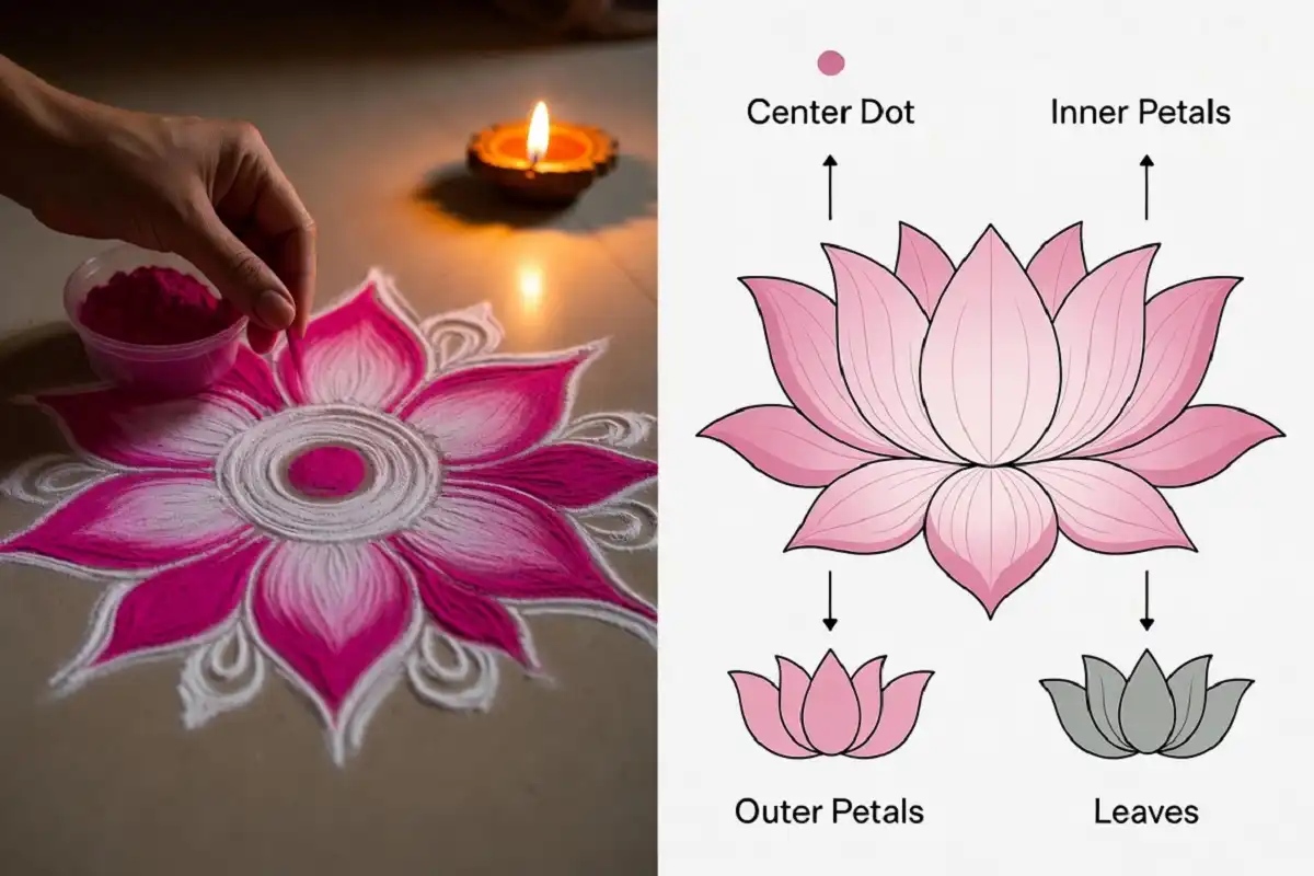 Lotus rangoli design ideas displayed as photorealistic floor art and a modern infographic showing petal stages
