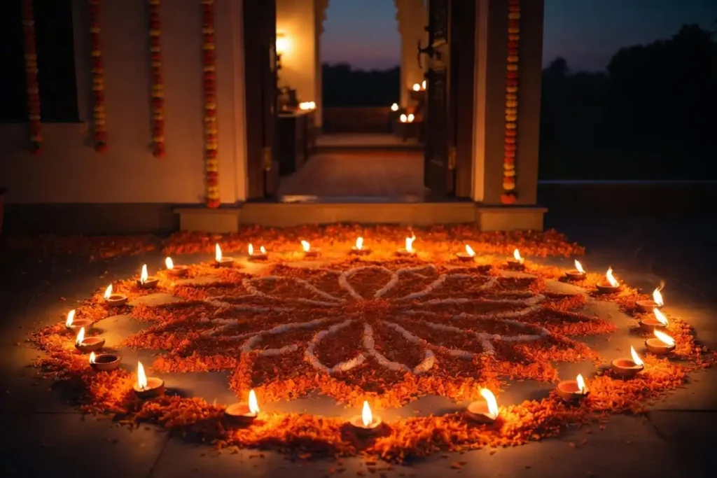 Marigold rangoli design for Diwali with a petal mandala and lit diyas at a home entrance