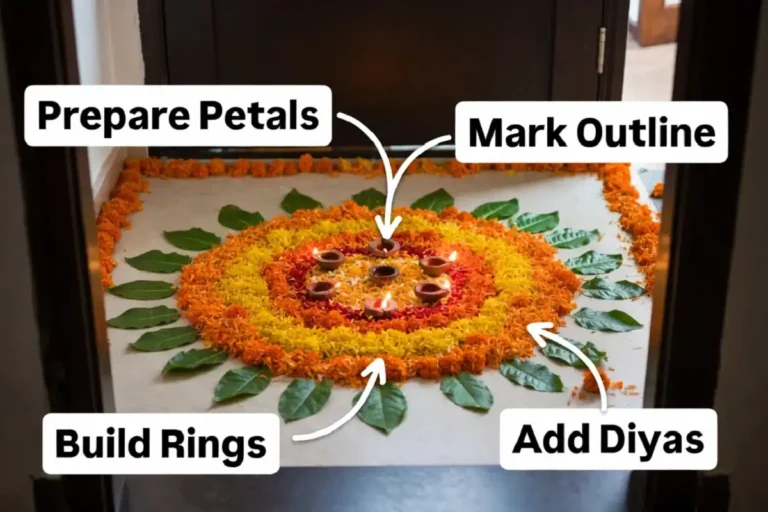 Marigold rangoli design shown as a labeled step guide with orange petals, green leaves, and lit diyas at a home entrance