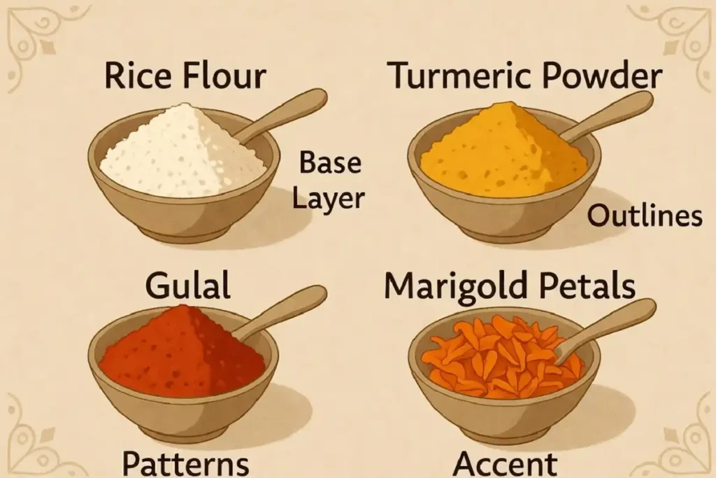 Colors and materials chart for Dhanteras rangoli designs including turmeric and gulal