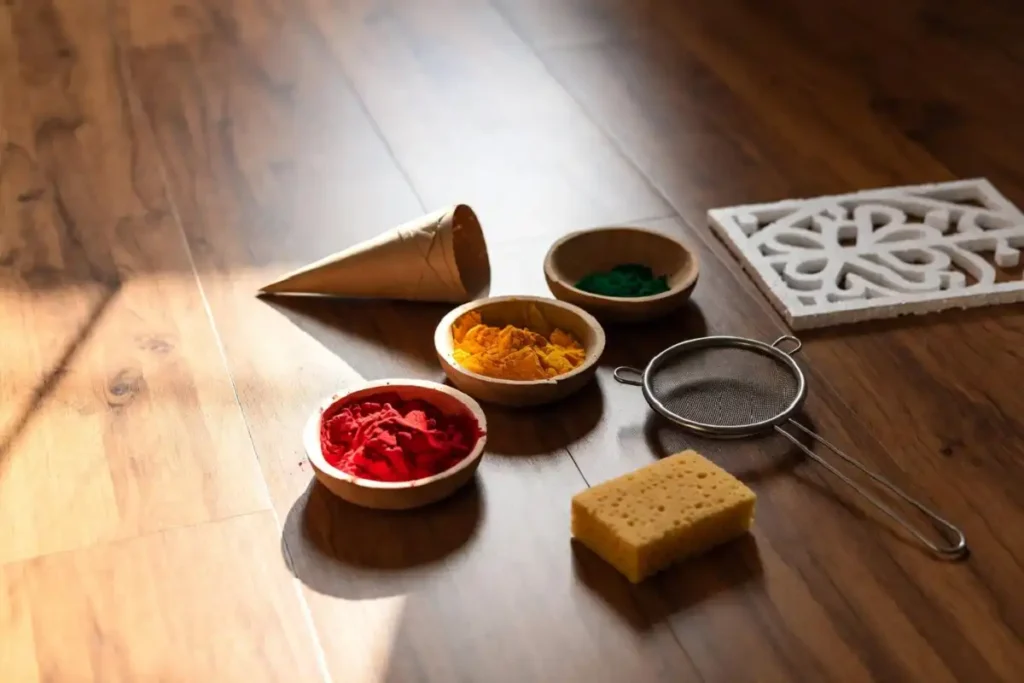 Tools and colored powder needed for how to make 3D rangoli at home