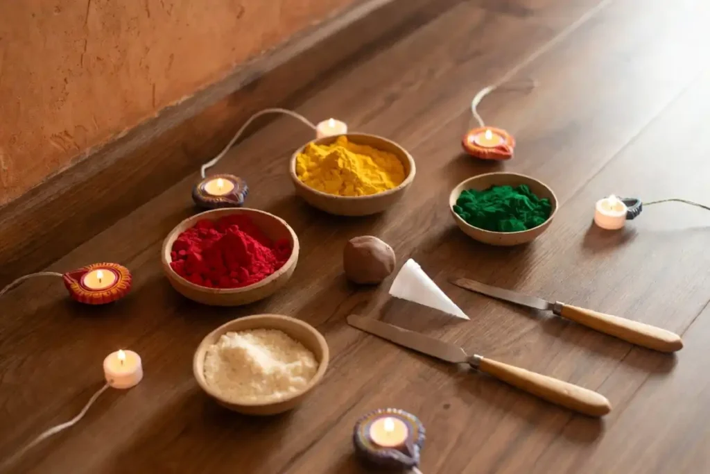 Rangoli powder, clay, and diya tools used for easy 3D rangoli design ideas