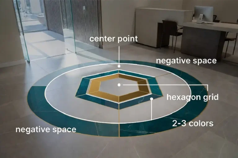 Modern geometric rangoli for office entrance showing hexagon grid and concentric circles with labeled design steps