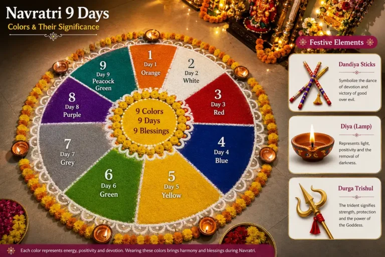 Navratri rangoli ideas shown with a nine color daily guide and dandiya and diya symbols