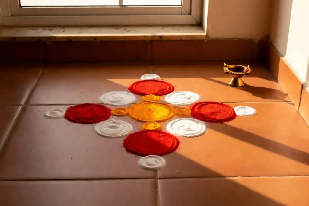 Simple new year rangoli design placed at a home entrance in the morning light