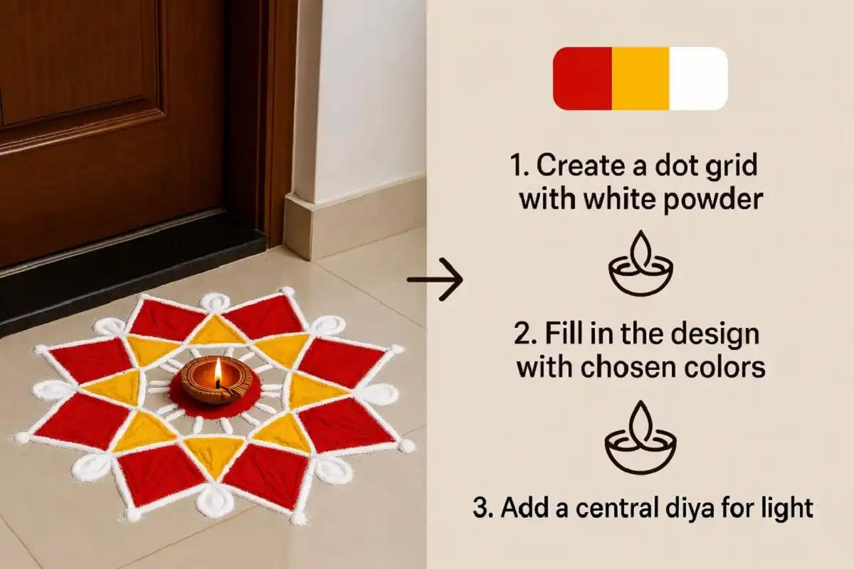 Simple new year rangoli design with step by step infographic overlay