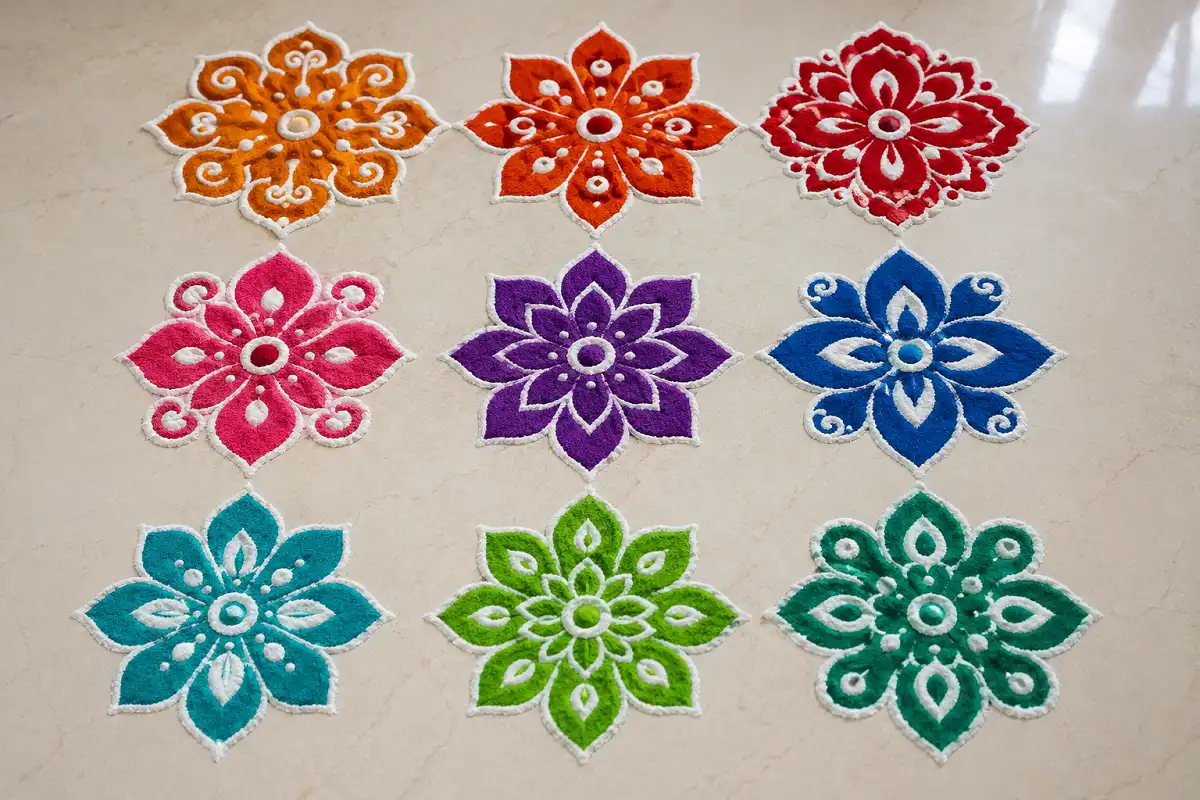Nine Navratri rangoli ideas arranged by daily festival color