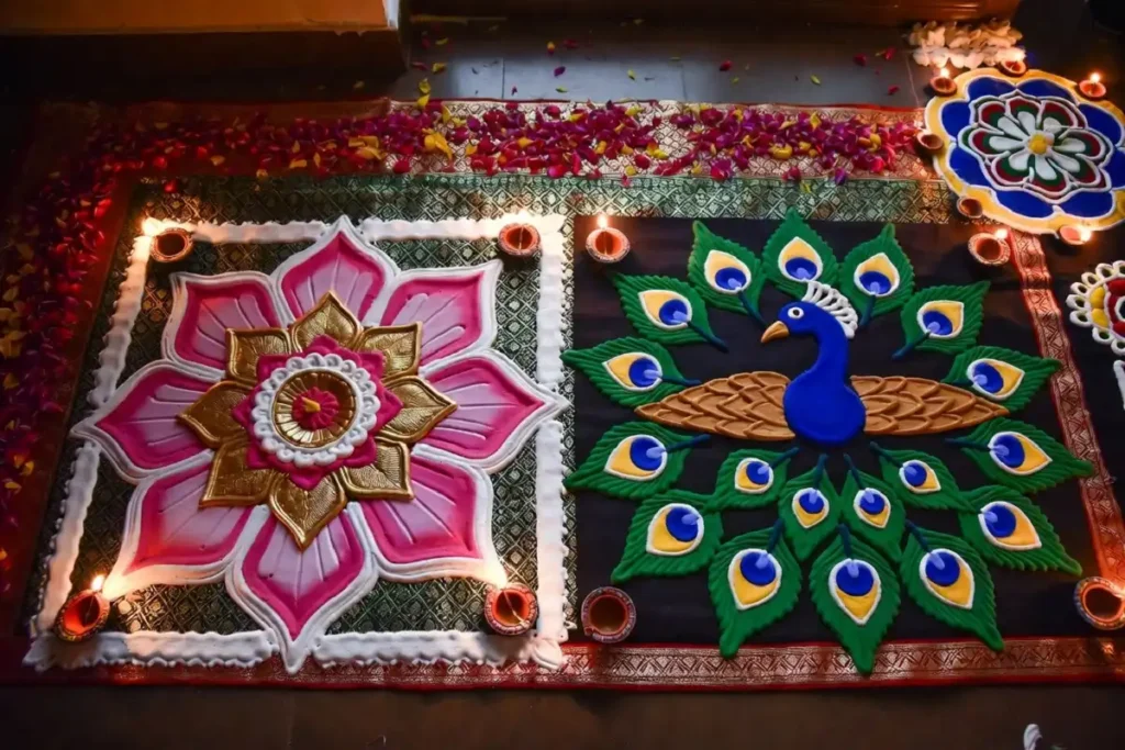 Peacock and lotus design ideas for 3D rangoli using clay