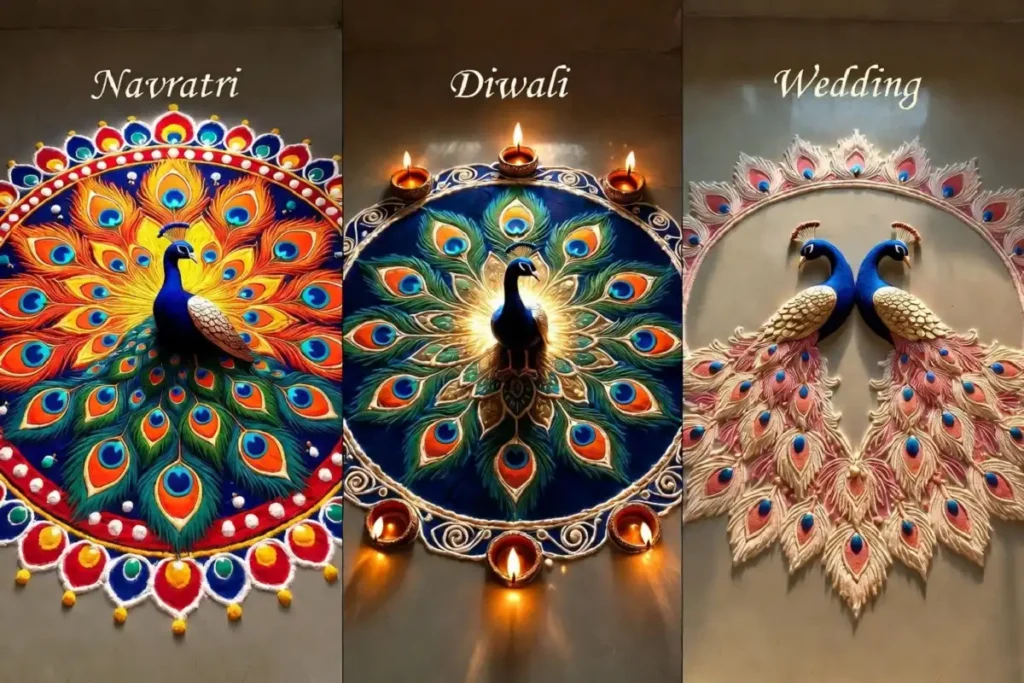 Three festival-specific peacock rangoli designs showing Navratri vibrant style, Diwali gold-accent elegance, and wedding romantic color variations