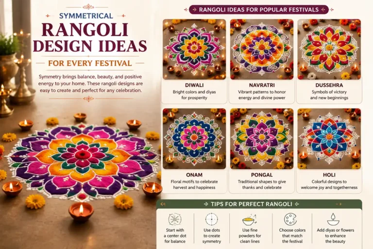 Symmetrical rangoli design ideas shown with dot-grid overlay explaining radial symmetry