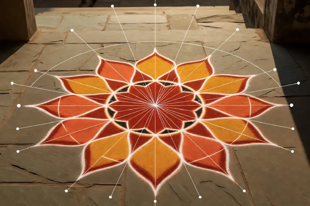 Symmetrical rangoli design ideas shown with dot-grid overlay explaining radial symmetry