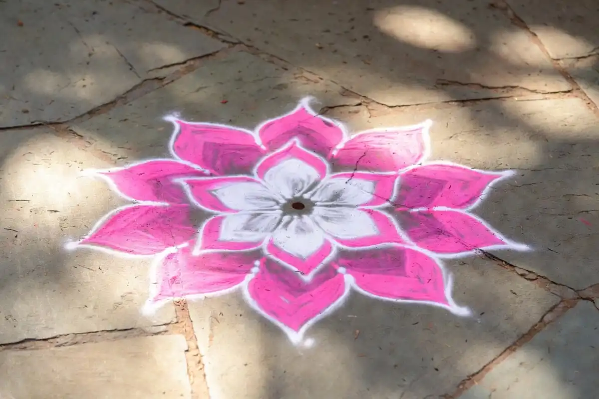 Lotus rangoli with layered pink and white petals, a traditional Indian symbol of purity and wealth