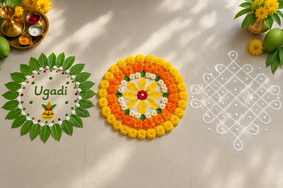 Popular Ugadi rangoli designs including mango leaf, floral circle, and kolam patterns