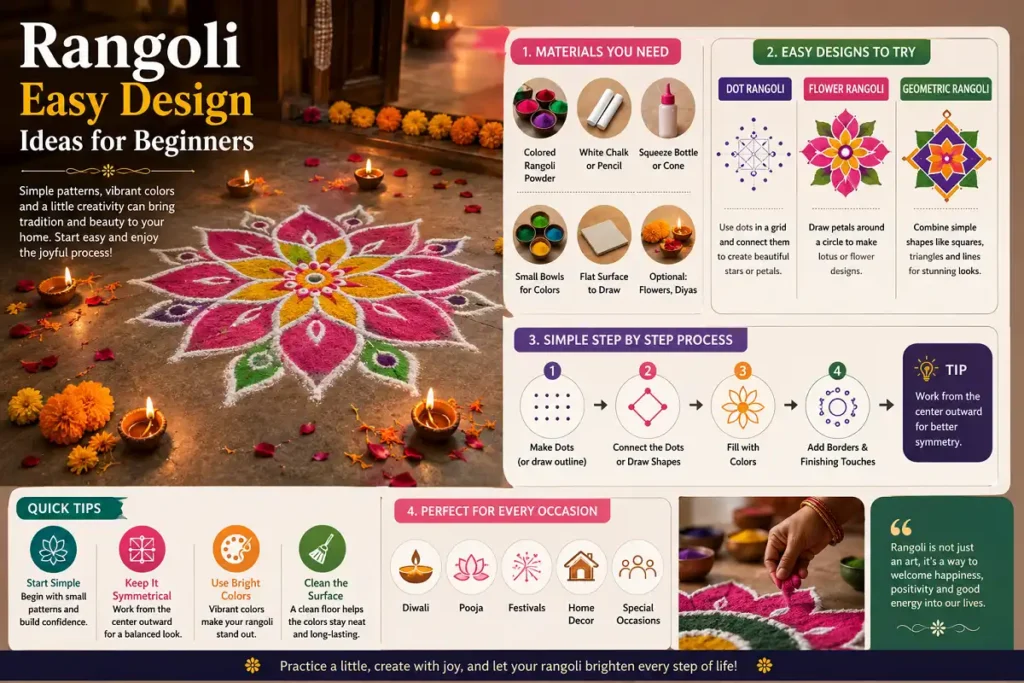 Photorealistic rangoli with an infographic guide to easy designs, materials, steps, and tips