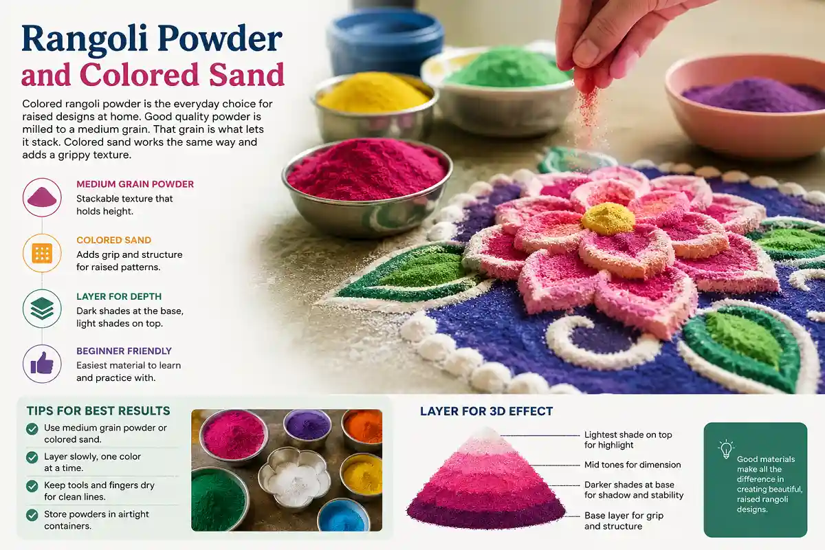 Rangoli powder and colored sand for 3D rangoli designs