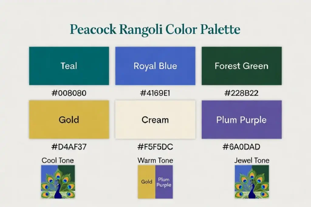 Color palette reference chart for peacock rangoli designs showing teal, blue, green, gold, cream, and purple color options with example color combination variations