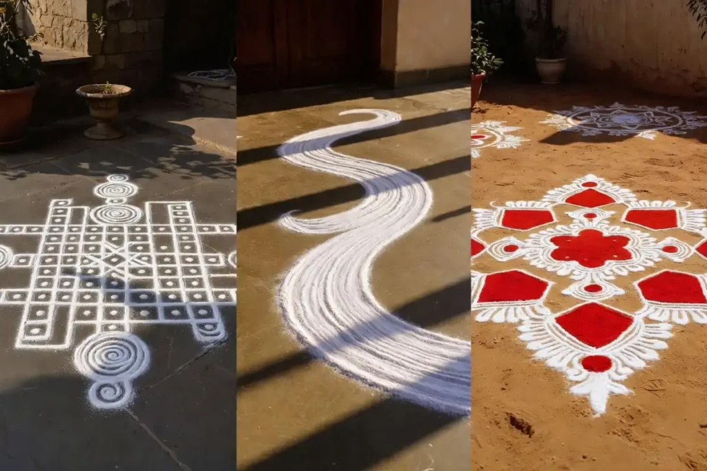 Regional traditional rangoli designs for festivals including kolam, alpana, and mandana