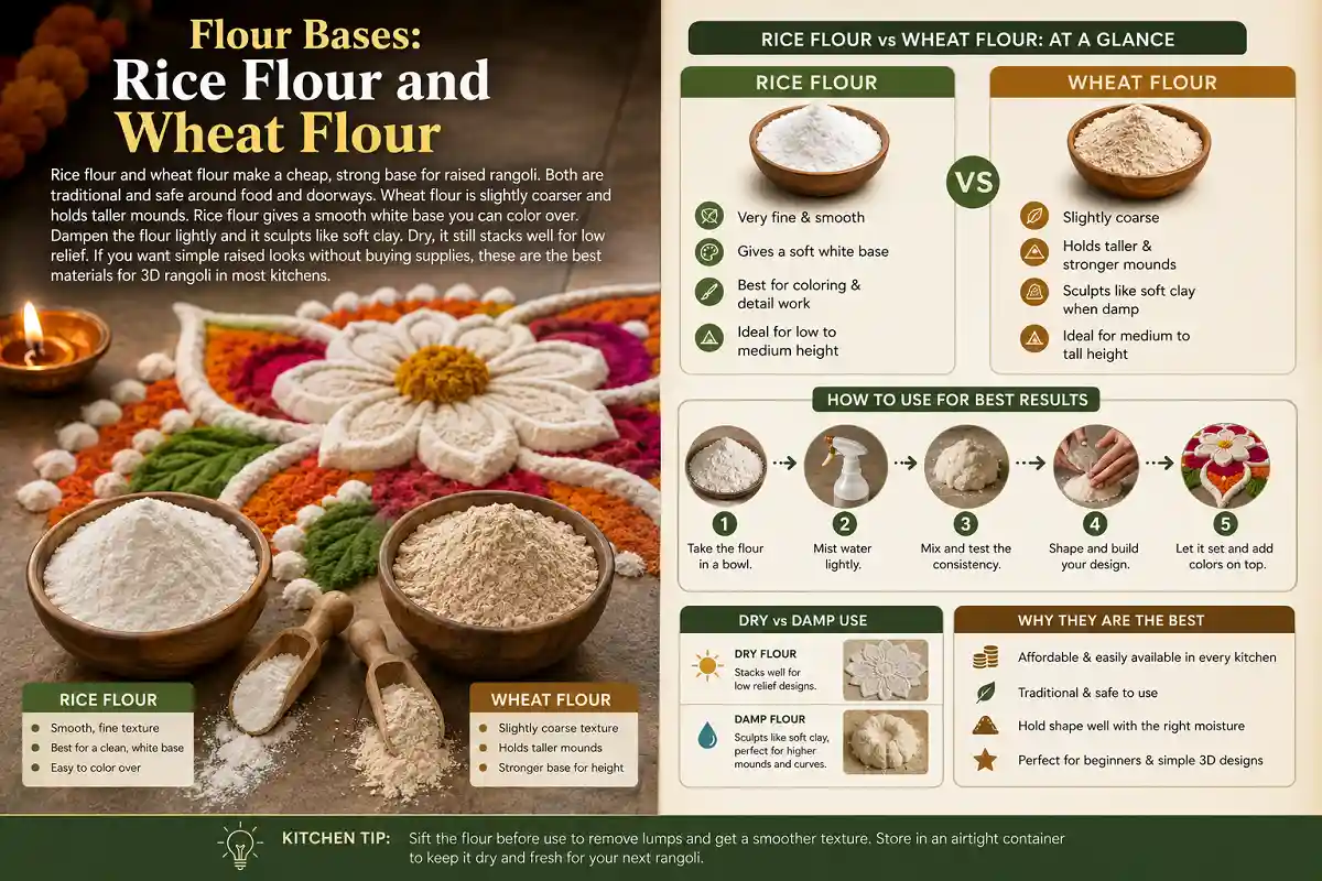 Rice flour and wheat flour bases for 3D rangoli