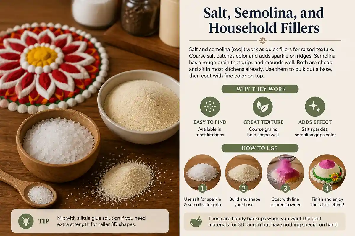 Salt and semolina for 3D rangoli texture
