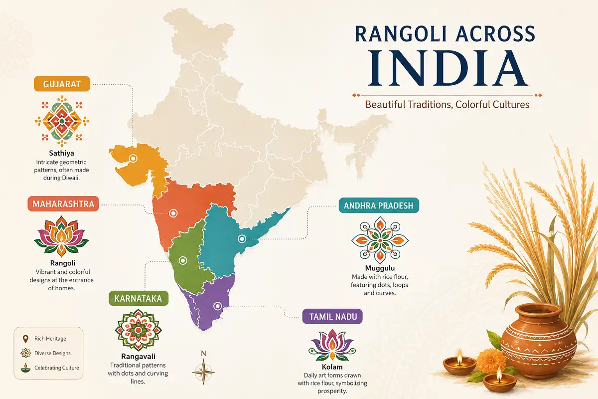Regional variations of Sankranti rangoli patterns across Indian states