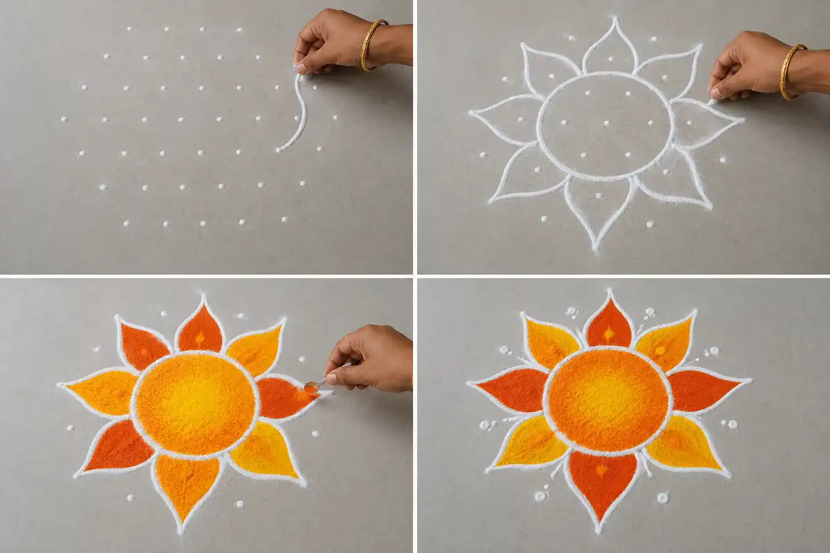 Step by step tutorial showing how to draw Sankranti rangoli patterns from a dot grid